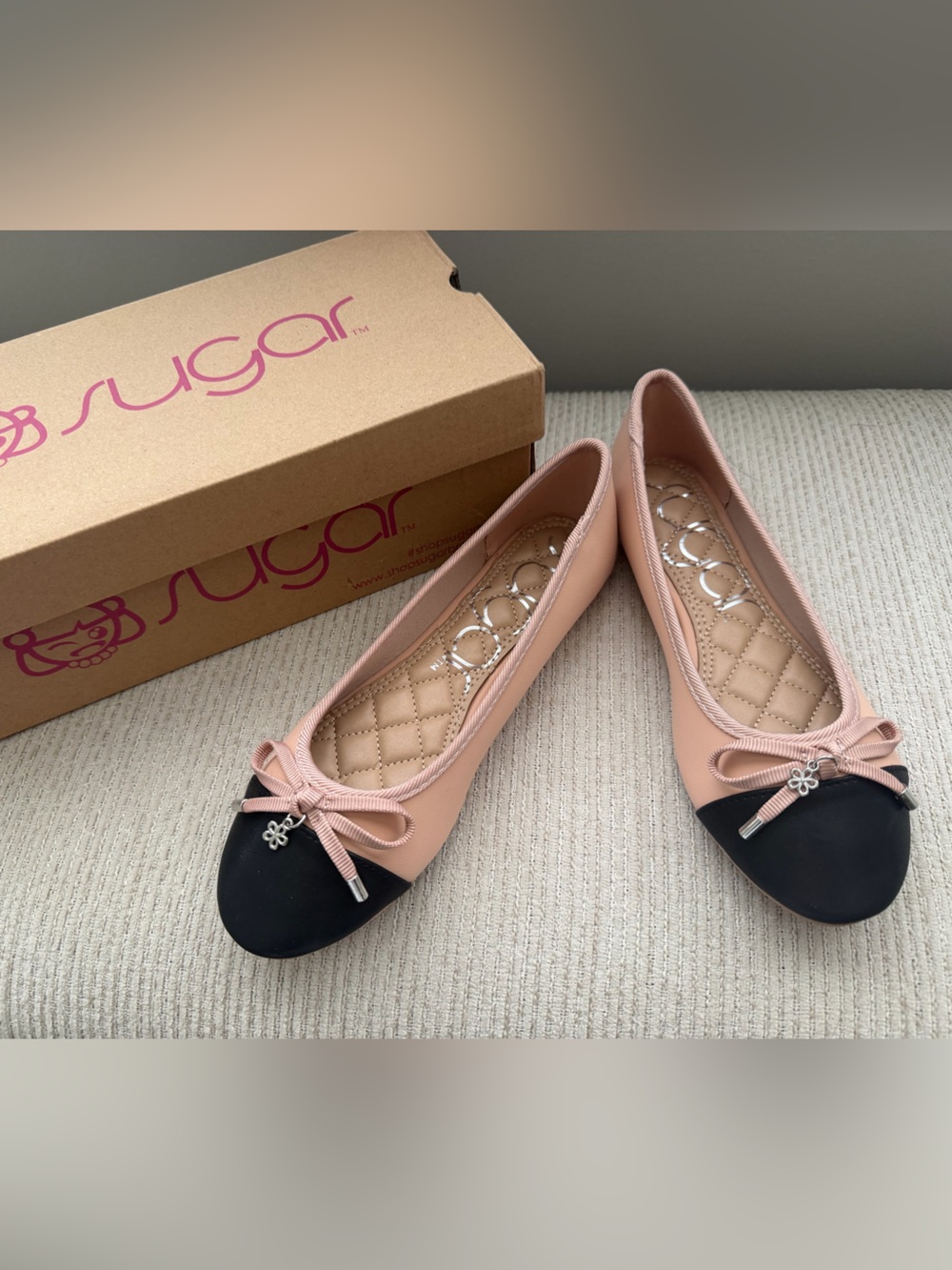 Sugar Pink and Black Bow Cap-Toe Ballet Flats
